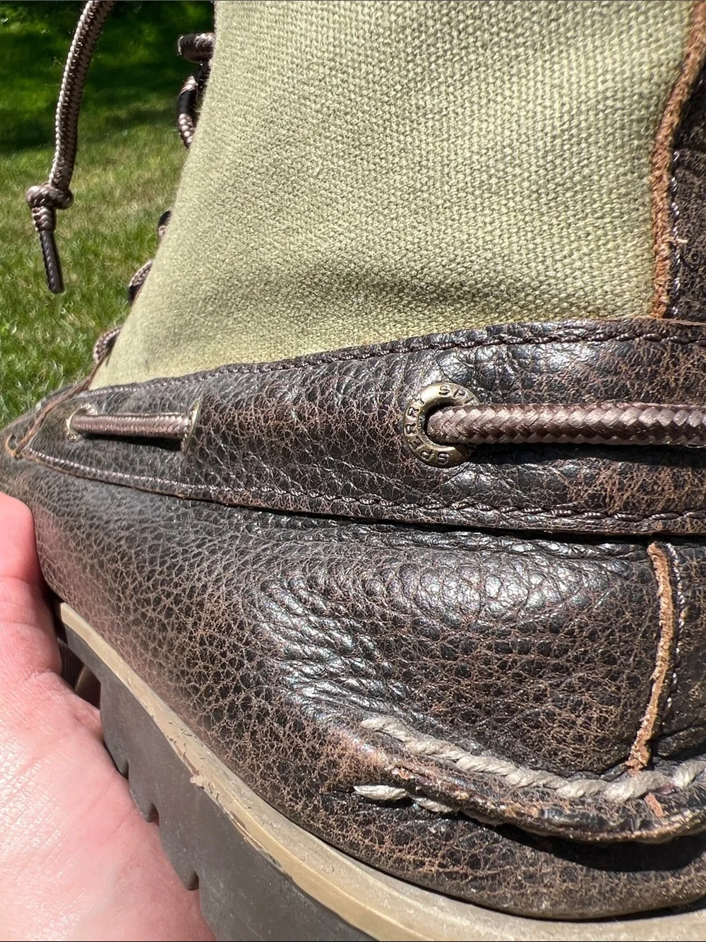 Sperry Top-Sider Brown Leather Green Canvas Boat Boots Hunting Boots Men’s 11.5M